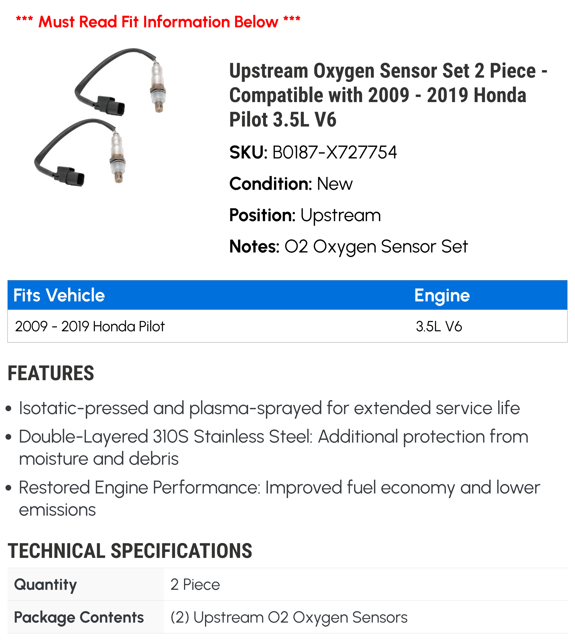 Upstream Oxygen Sensor Set 2 Piece - Compatible with 2009 - 2019 Honda Pilot 3.5L V6 2010 2011 2012 2013 2014 2015 2016 2017 2018
