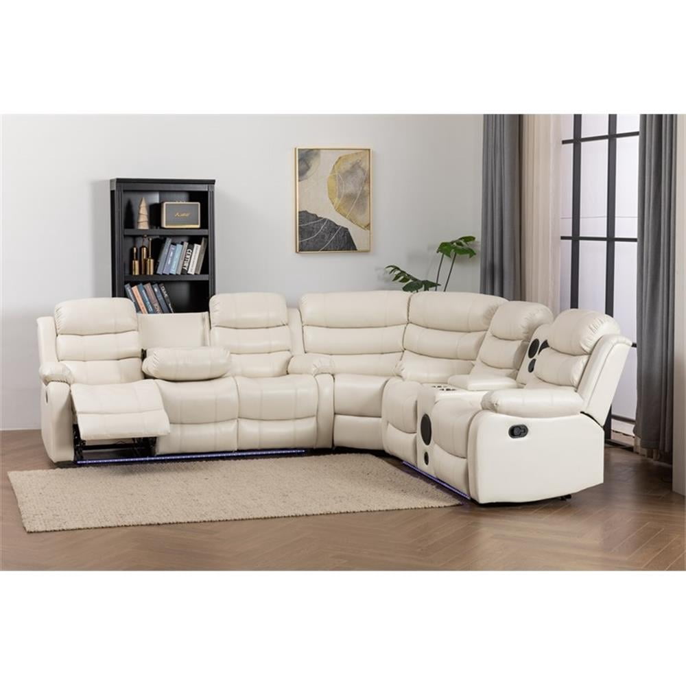 Pemberly Row Faux Leather Living Room Set Modern Reclining Sectional Sofa White
