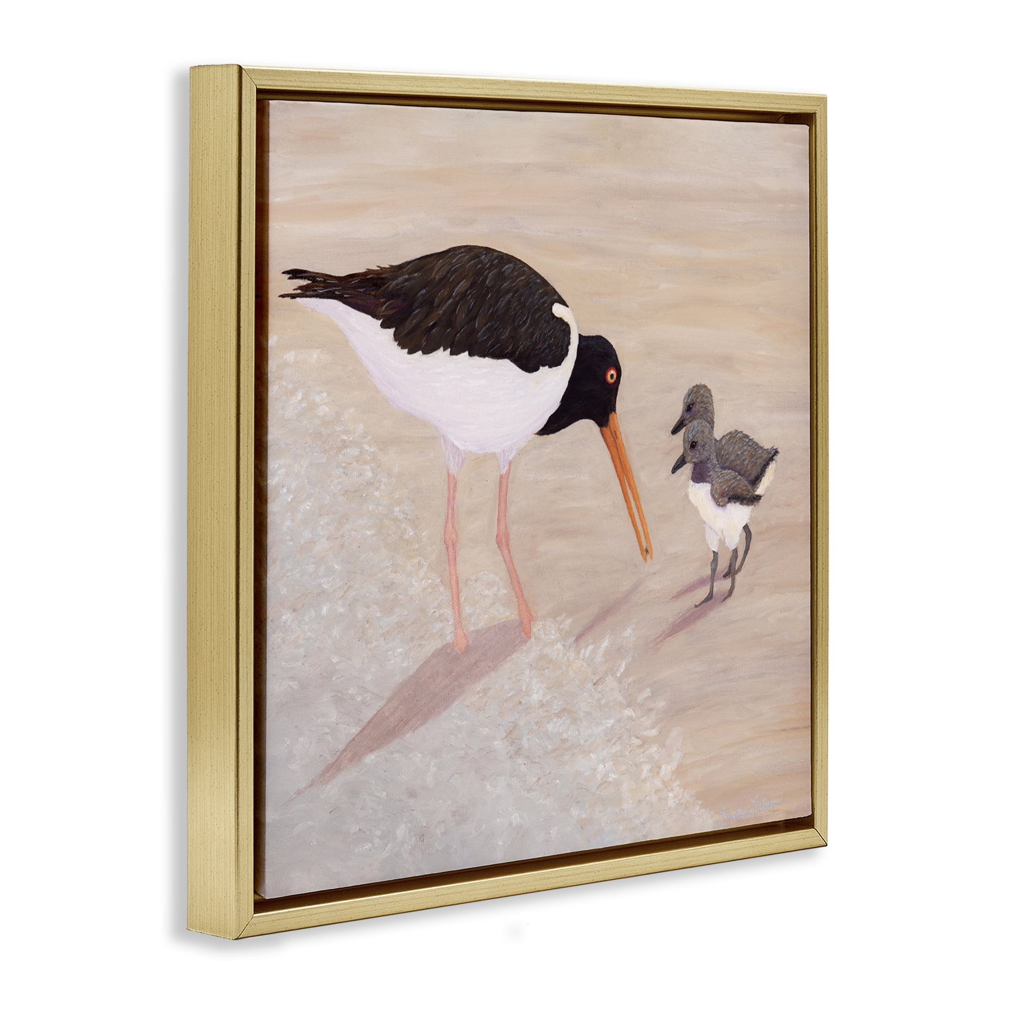 Stupell Industries American Oyster Catcher & Chicks Gold Framed Floater Canvas Wall Art, design by Barbara Fallenbaum