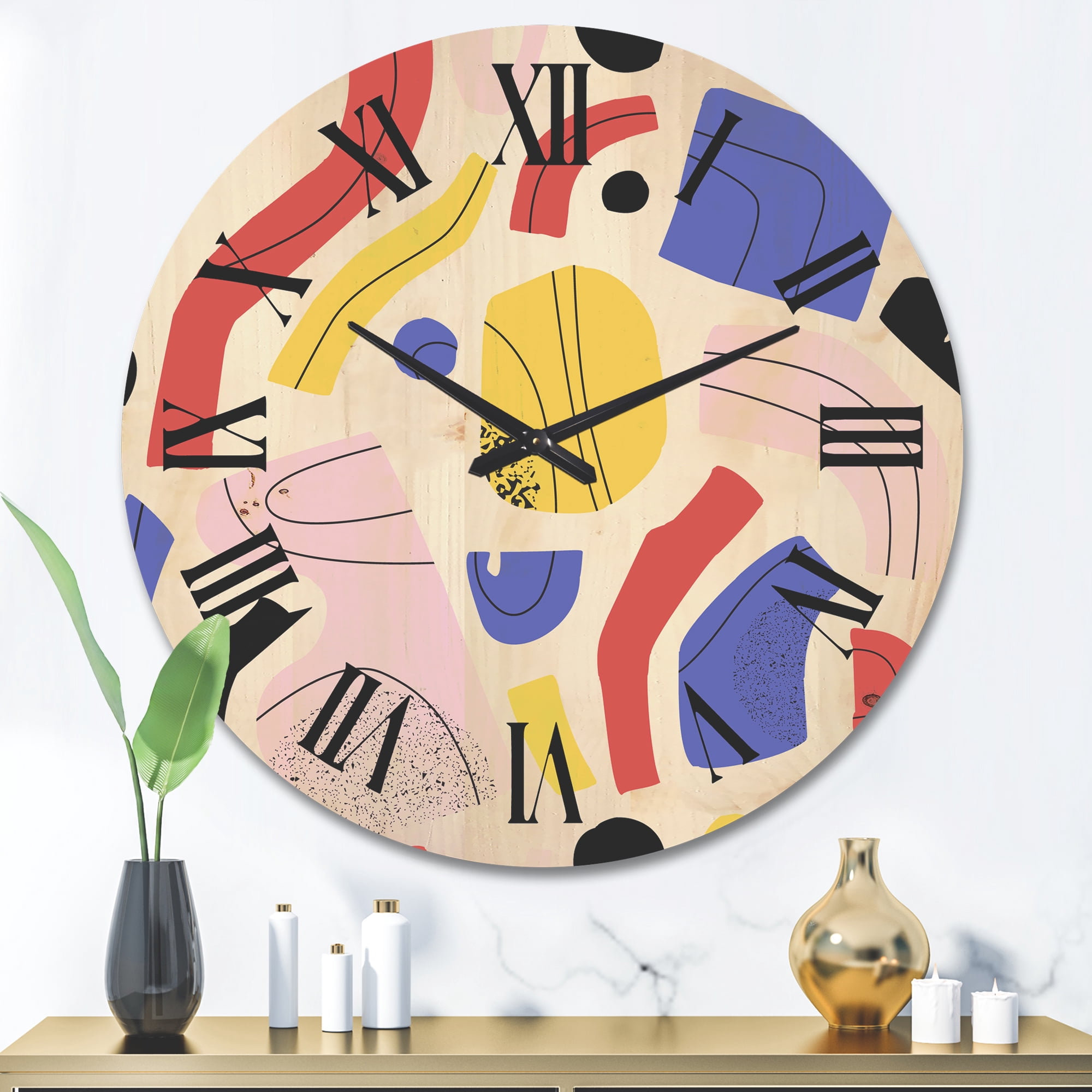 Designart 'Organic and Elements In Pink Yellow and Red' Modern Wood Wall Clock