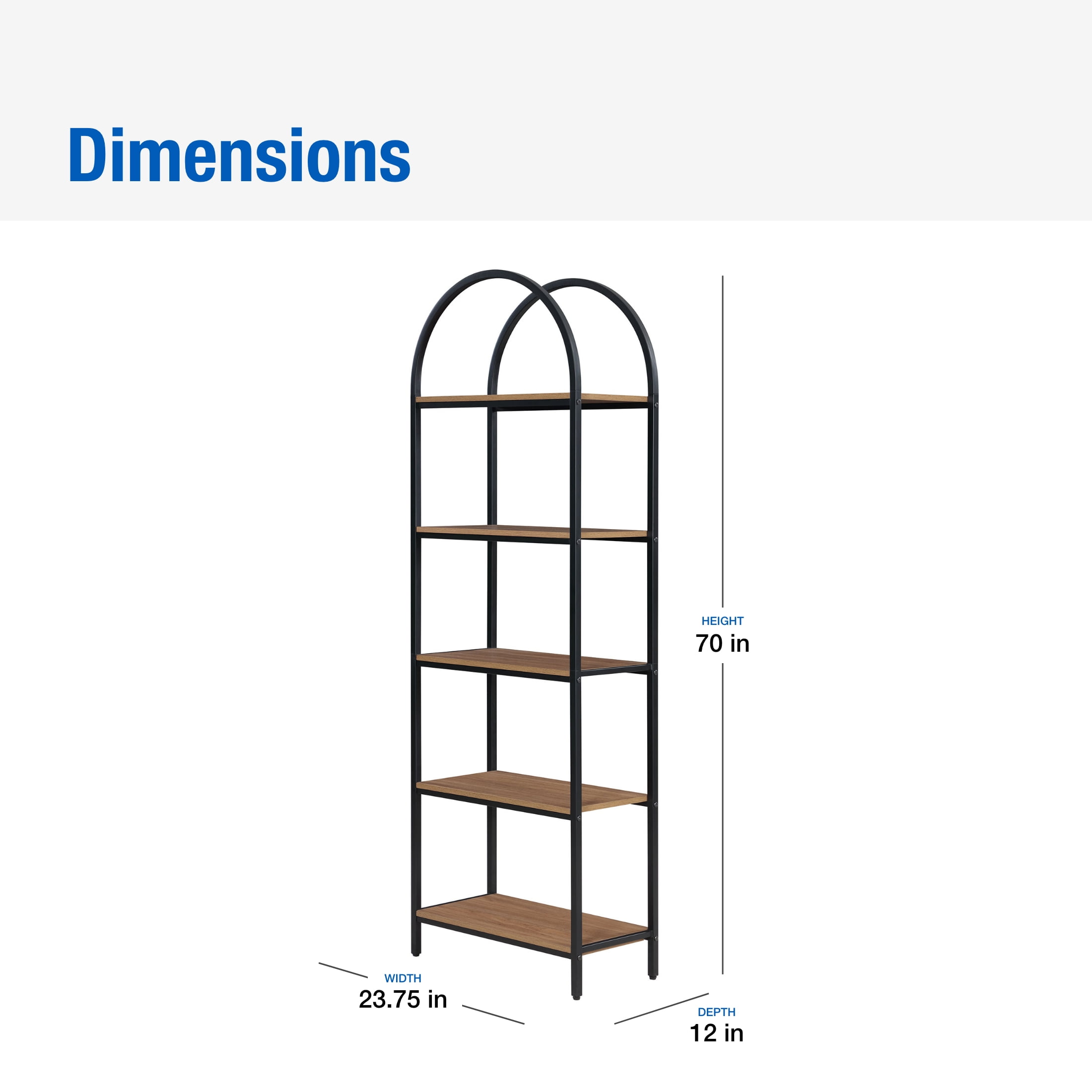 Mainstays 5-Shelf Metal and Wood Arch Open Bookcase