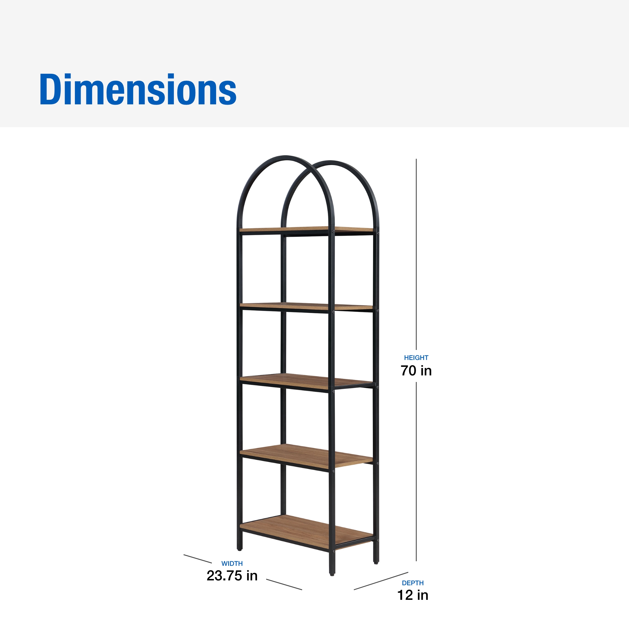 Mainstays 5-Shelf Metal and Wood Arch Bookcase, Warm Walnut photo 3