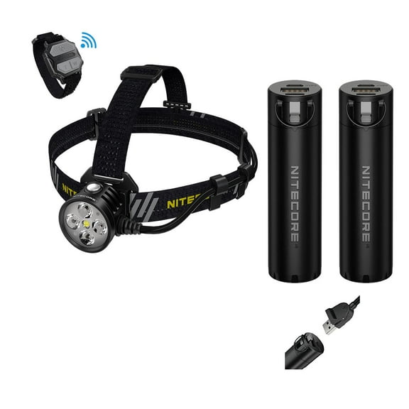 Set: Nitecore HU60 USB Powerbank Powered Elite LED Headlamp - 1600 Lumen with wireless control w/2x Eco-Sensa NBP1 5000mAh Water Proof Powerbank