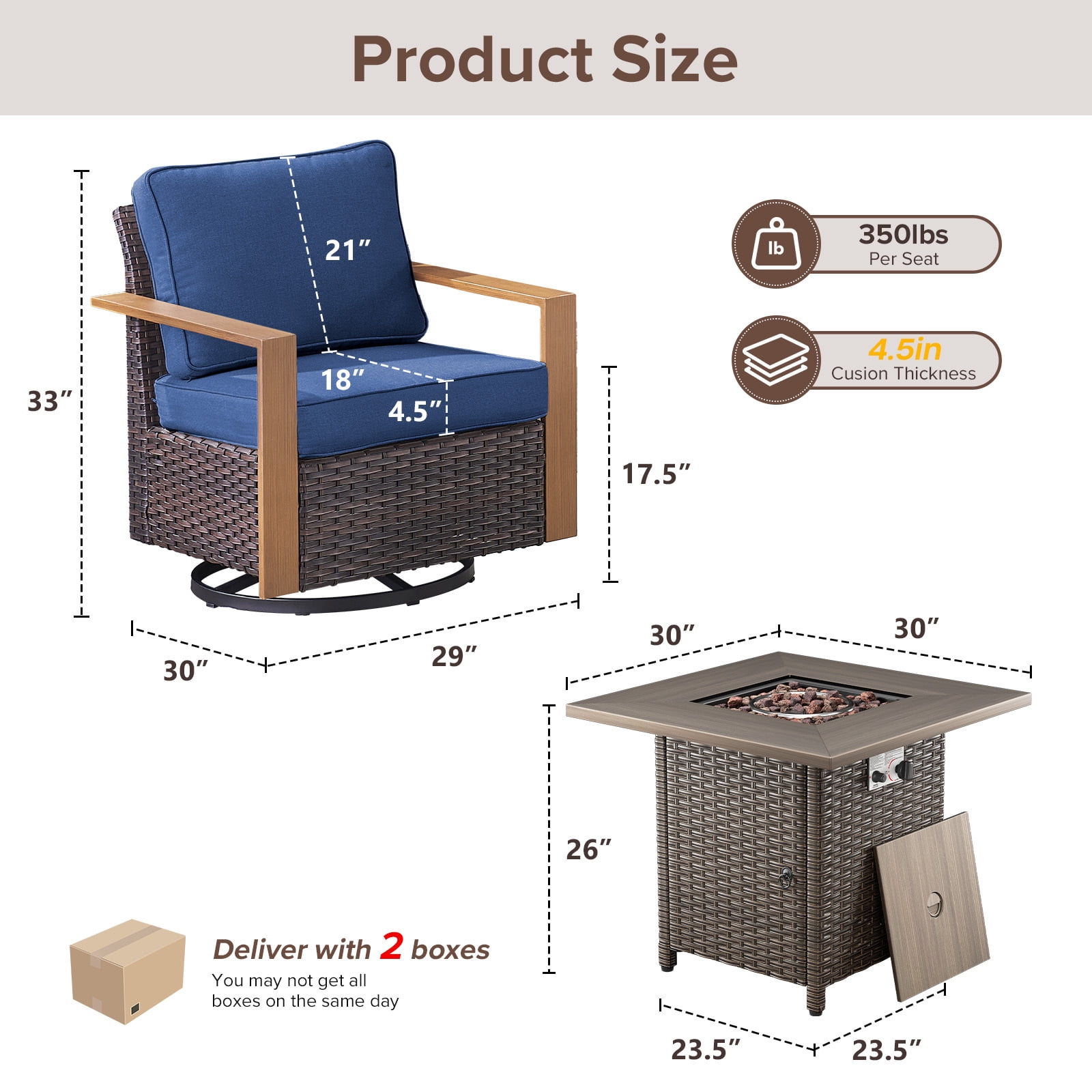 Luxury Patio Furniture Sets with 50000BTU Propane Fire Pit Table,Patio Swivel Glider Patio Chair with Fire Pit Table Outdoor Conversation Sets for Porch Backyard Balcony