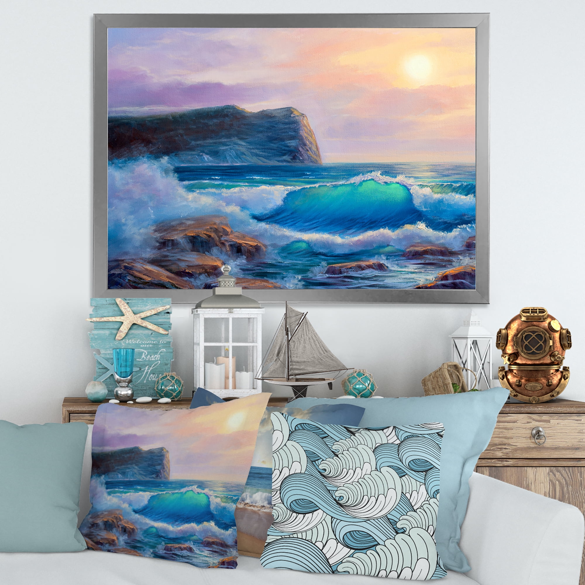 Designart 'Blue Waves Breaking At The Beach Landscape III' Nautical & Coastal Framed Art Print