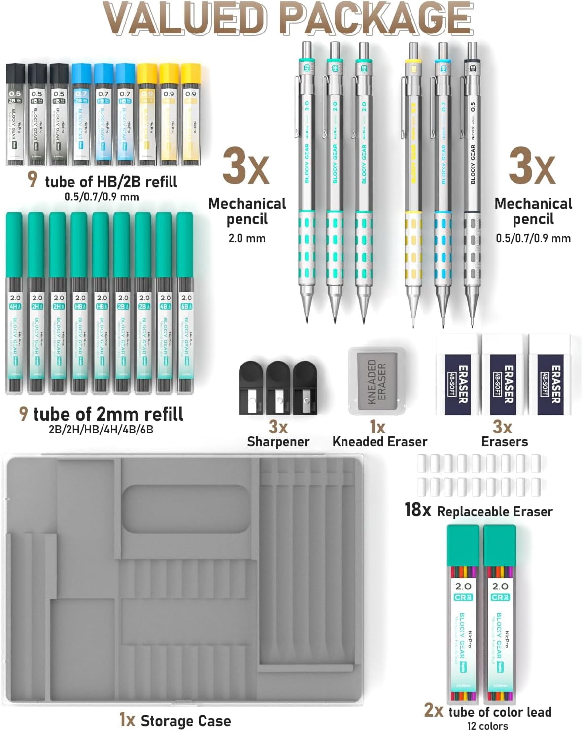 Nicpro 36PCS Art Mechanical Pencils Set with Case, 3PCS Metal Drafting Pencil 0.5, 0.7, 0.9mm, 3PCS 2mm Lead Holder for Drawing Sketching with 20 Tubes (6B 4B 2B HB 2H 4H Colors) Lead Refills