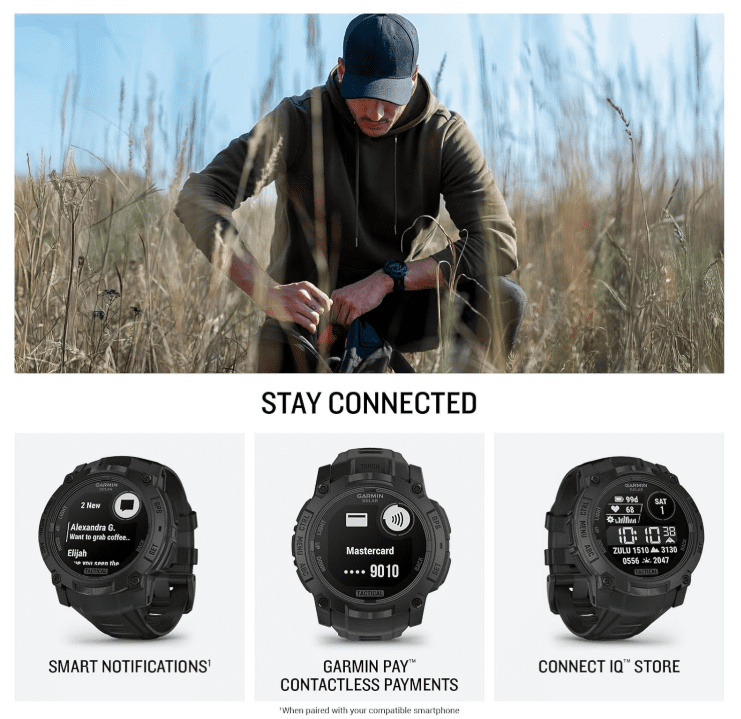 Garmin Instinct 3 Tactical Edition, Solar Charging Display, 50mm, Rugged Outdoor GPS Smartwatch with Wearable4U White EarBuds Bundle