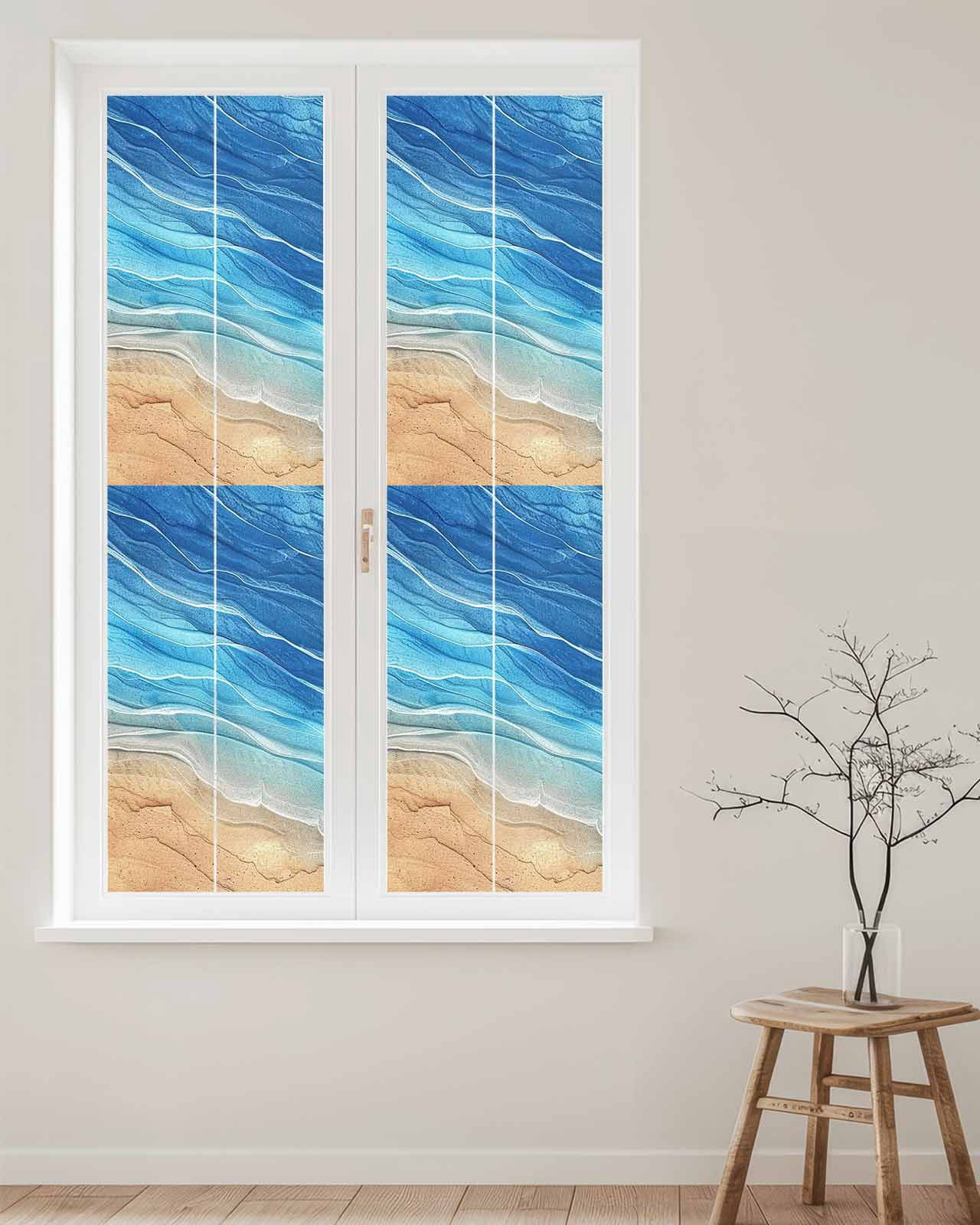 Window Privacy Film, Blue Ocean Ombre UV Sun Blocking Window Tint Film Heat Control One Way Blackout Window Film, Spring Summer Coastal Sea Wave Non Adhesive Static Cling Window Sticker 23.6x78.7 In