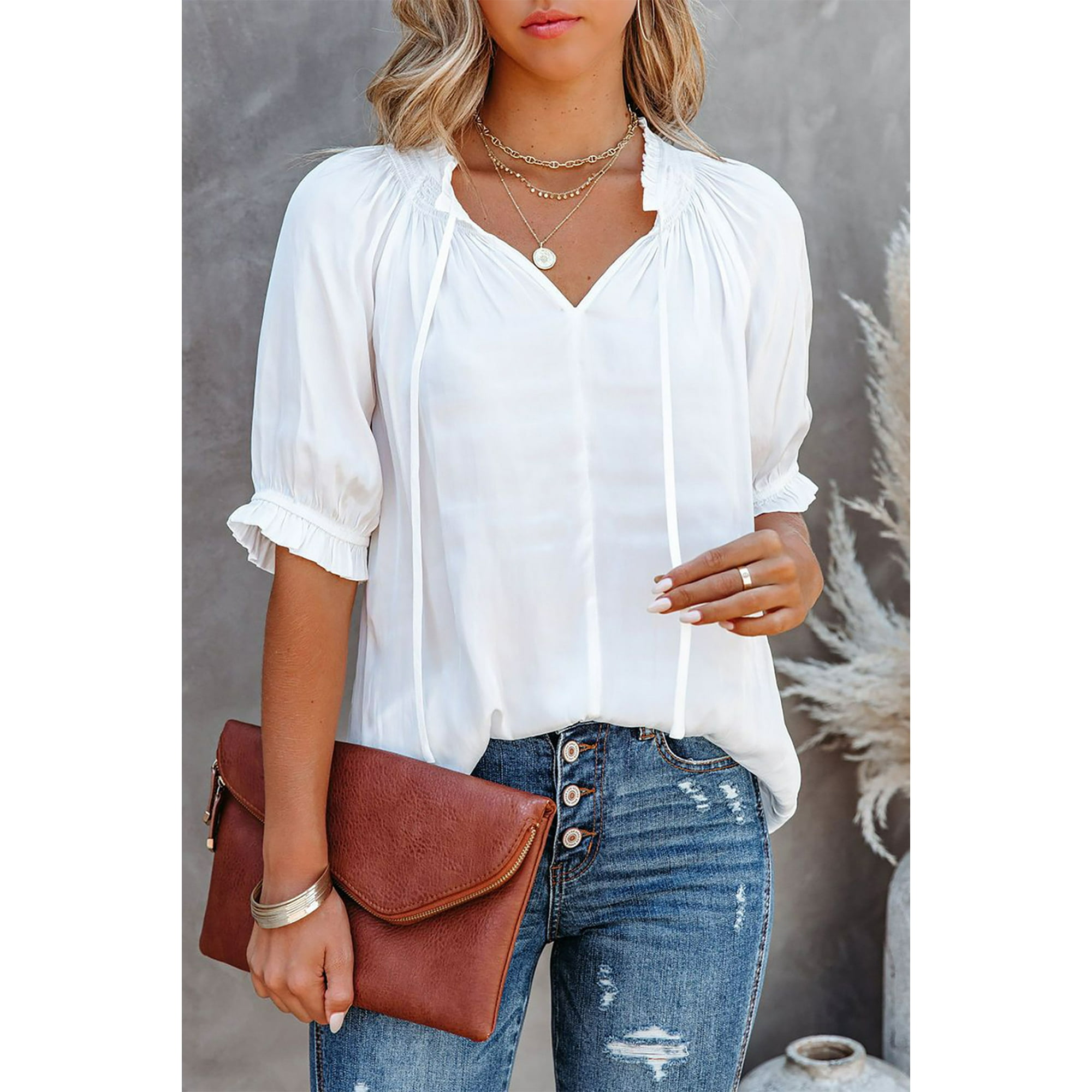 Women's White Split Frill Neck Puff Sleeve Blouse