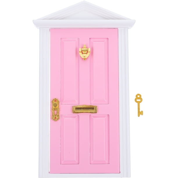 Mini puerta de madera, puerta con aguja, puerta en miniatura, accesorios para casa de juegos para niños y niñas (rosa)