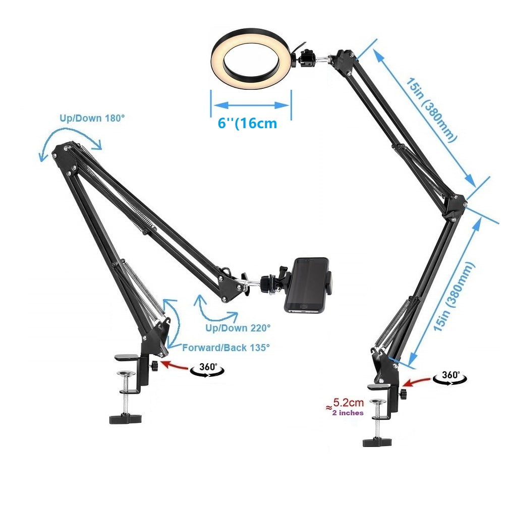 Phone Ring Light Holder, 8'' Ring Light with 2 Foldable Arm Stand for iPhone to Baking,Craft,Calligraphy,Drawing,Online Lesson,Video Recording