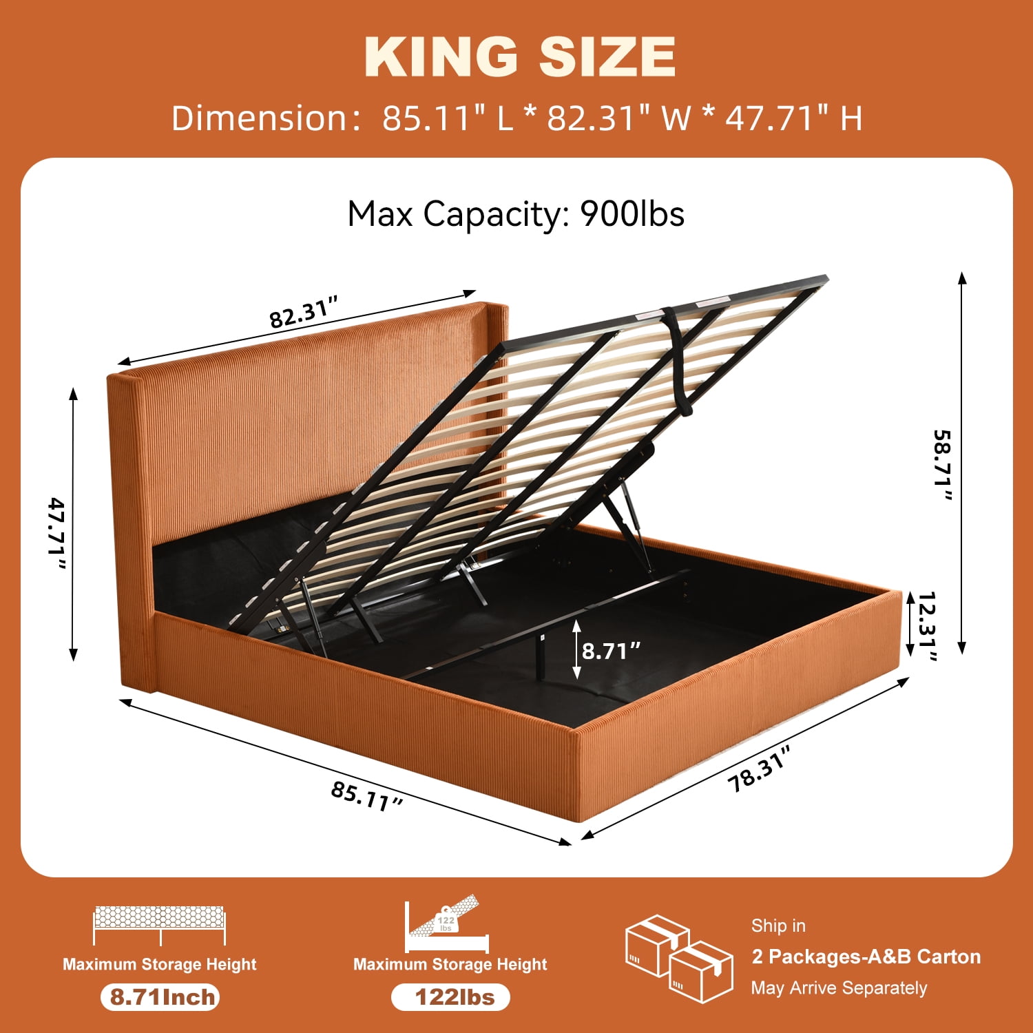 King Size Bed Frame with Lift Up Storage, Corduroy Upholstered Platform Bed with Wingback Headboard, No Box Spring Needed, Hydraulic Storage, Orange