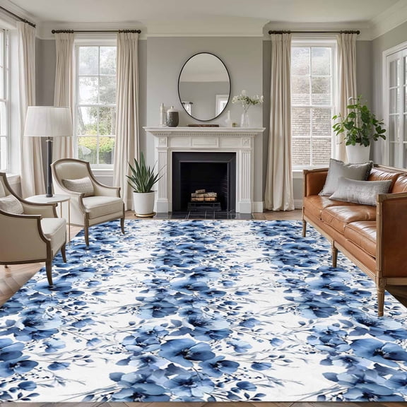 Large Area Rugs for Living Room Bedroom, Blue Floral 8'x10' Rug Washable Carpet Runner Indoor Outdoor, Vintage Farmhouse Garden Flower Leaves Non Slip Floor Mats Rug for Kitchen, Patio