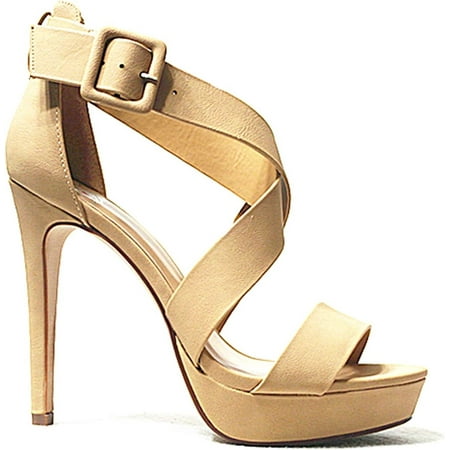 

QUIETTCEX Womens Open Toe Strappy High Heel Sandals Summer Natural 8