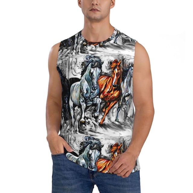 Fotbe Four Running Horses Men's Camiseta sin Mangas Estampada para Hombres, Playera Casual para Gimnasio, Entrenamiento, Playa-Small