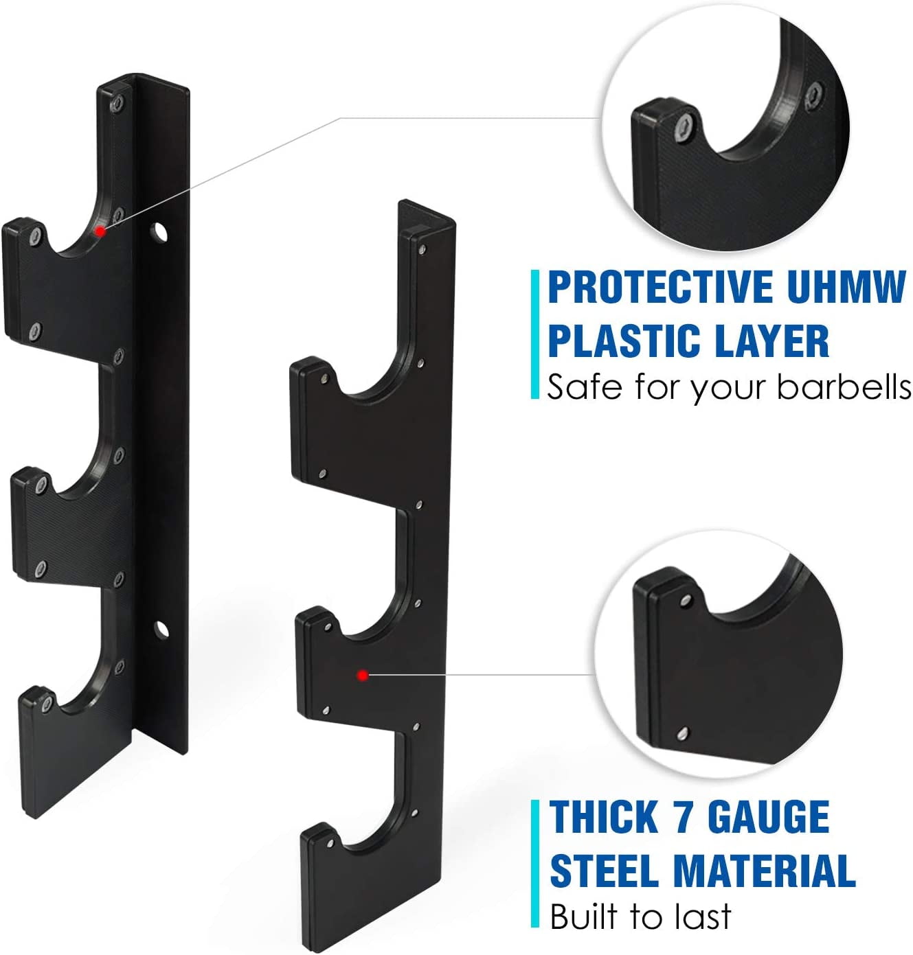 Yes4All Horizontal Wall Mounted Barbell Rack - 3 Bar Vertical Barbell Storage Rack - Weight Bar Holder (1 Pair)
