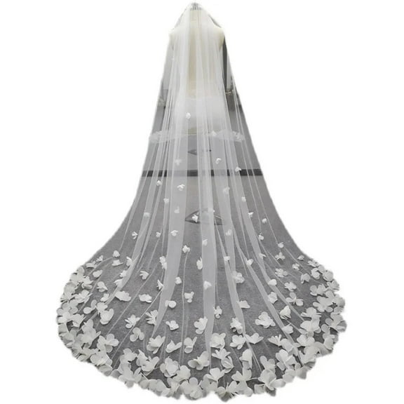 White Bridal Veil, Long Cathedral Wedding Veil, 3D Flowers Floral Petals with Comb, Wedding Accessories