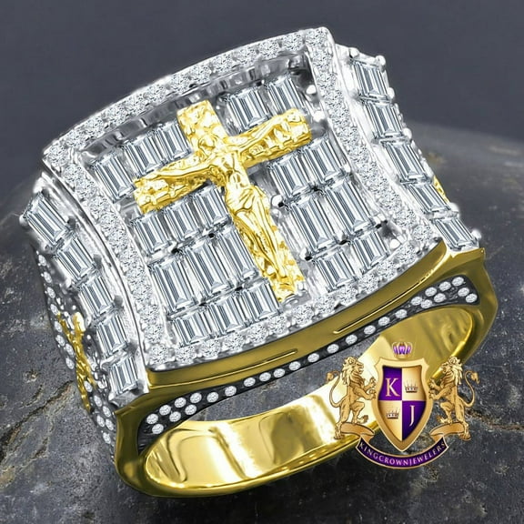 Baguette Big Bold Men's Real Genuine Sterling Silver 14K Yellow Gold Over Simulated Diamond Jesus Crucifix Cross Religious Ring Band Size 9; 10 and 11 PLEASE MENTION SIZE