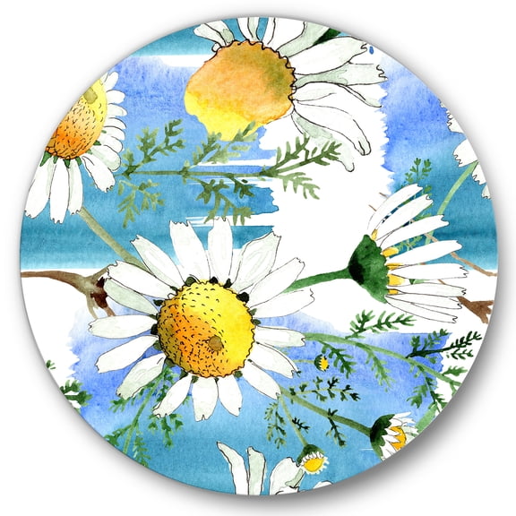 Designart 'Wild Spring White Chamomile Flowers' Traditional Circle Metal Wall Art 36x36 - Disc of 36