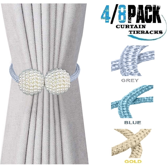 Amerteer 4 PCS Magnetic Curtain Tiebacks, Decorative Rope Curtain Holdback Elegant Pearl Ball Magnetic Buckle,Drape Tie Backs Holders Holdbacks Decorative Handmade Rope Clips