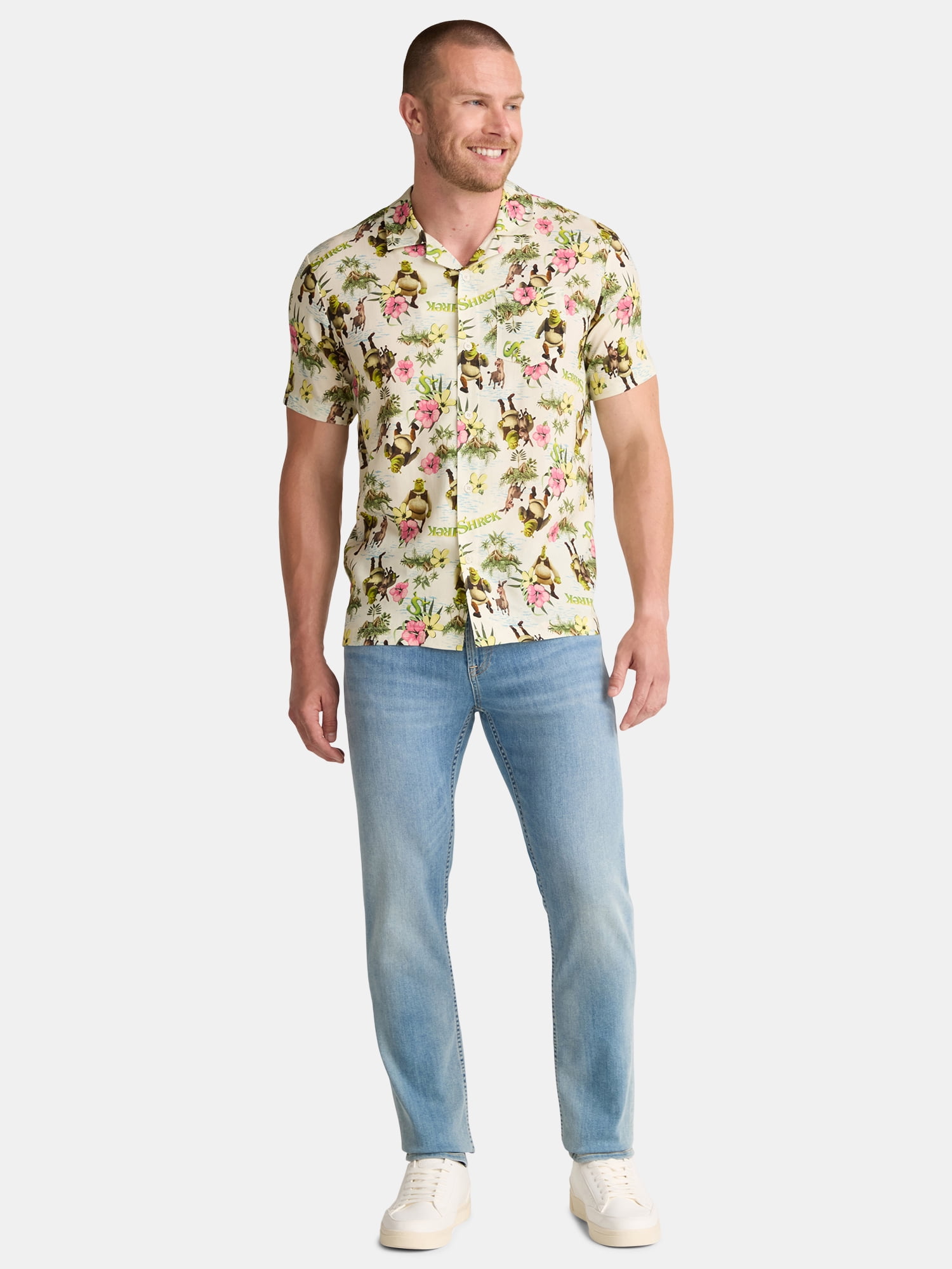 Shrek Men's and Big Men's Swamp Flowers Graphic Button Up Shirt, Sizes S-3XL