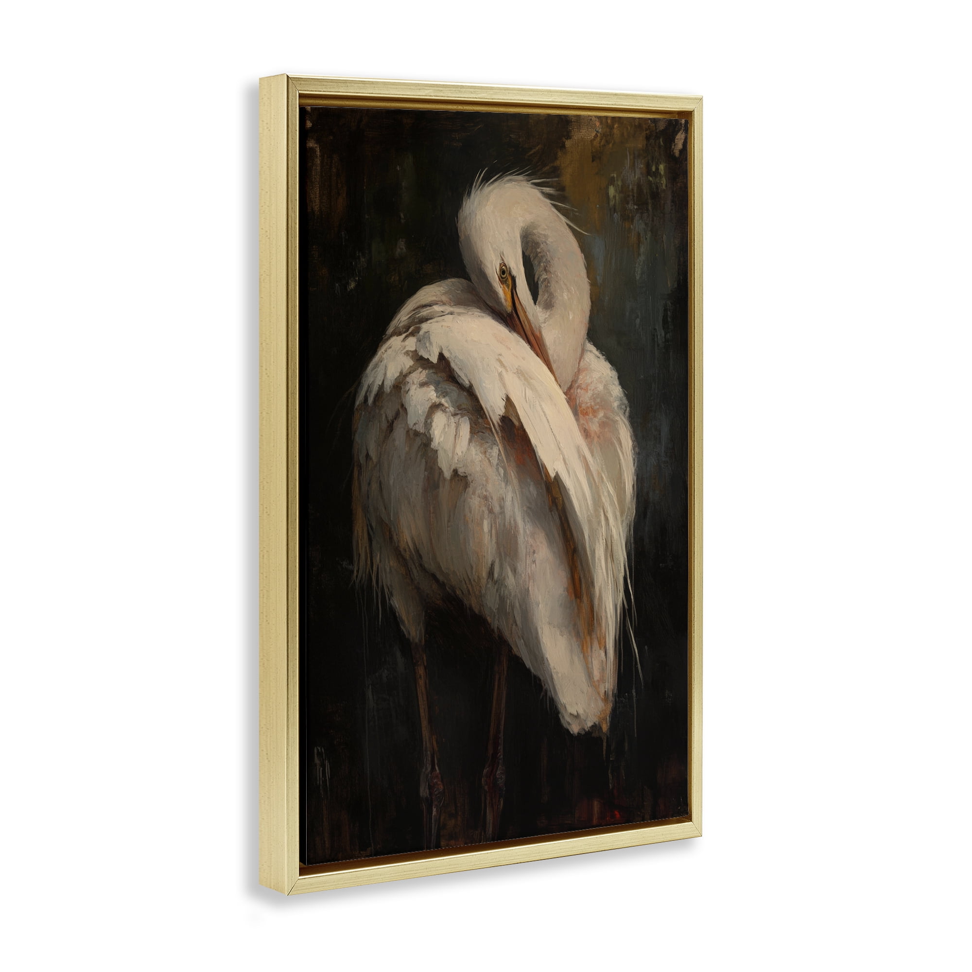 Stupell Industries Sleeping Egret in Golden Light Gold Framed Floater Canvas Wall Art, design by Petal Prints Design
