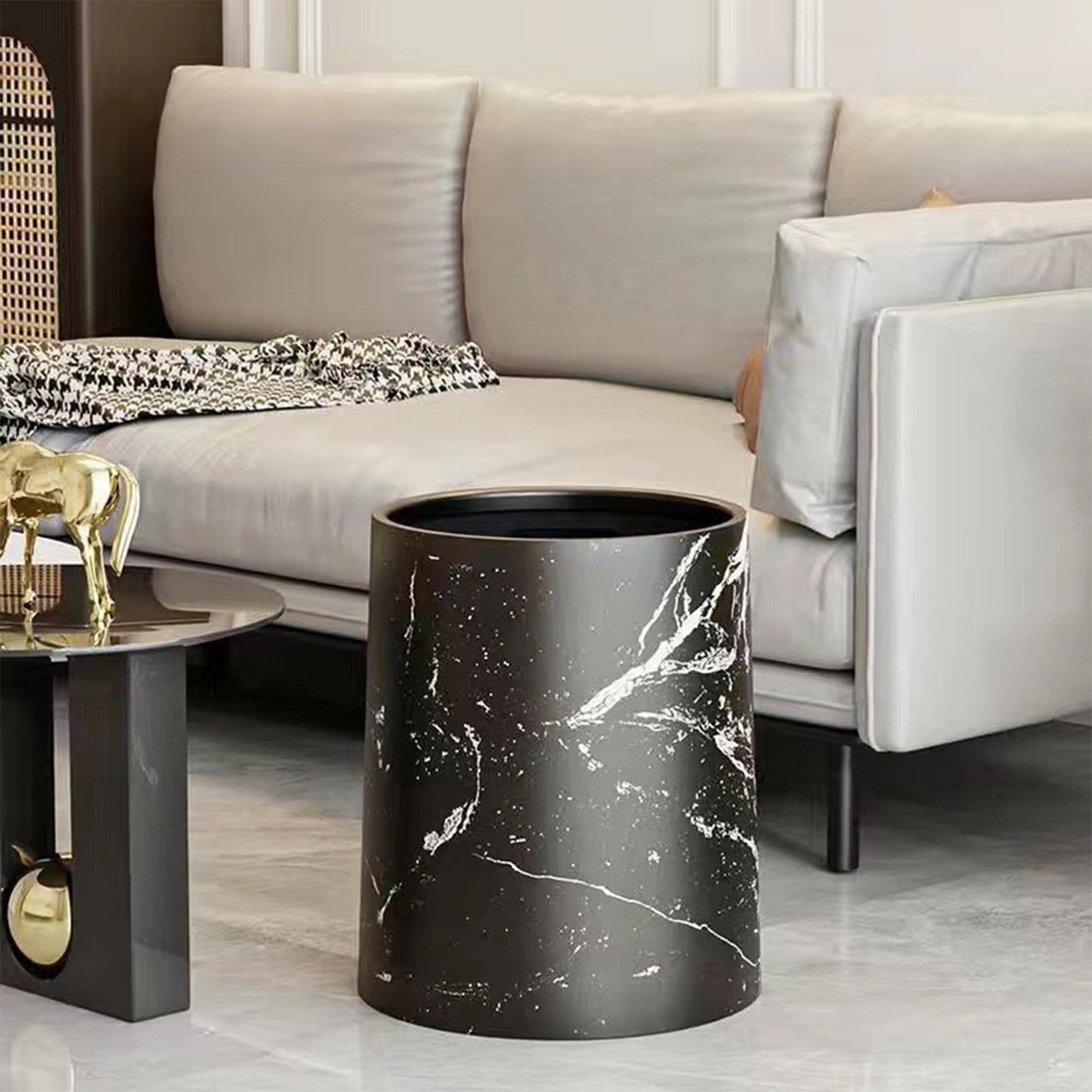 PHIGZNT Round Metal Small 3.9 Gallon Recycle Trash Can Wastebasket, Garbage Container Bin for Bathrooms, Kitchen, Bedroom, Home Office - Durable Stainless Steel - Mirri Collection - White Marble