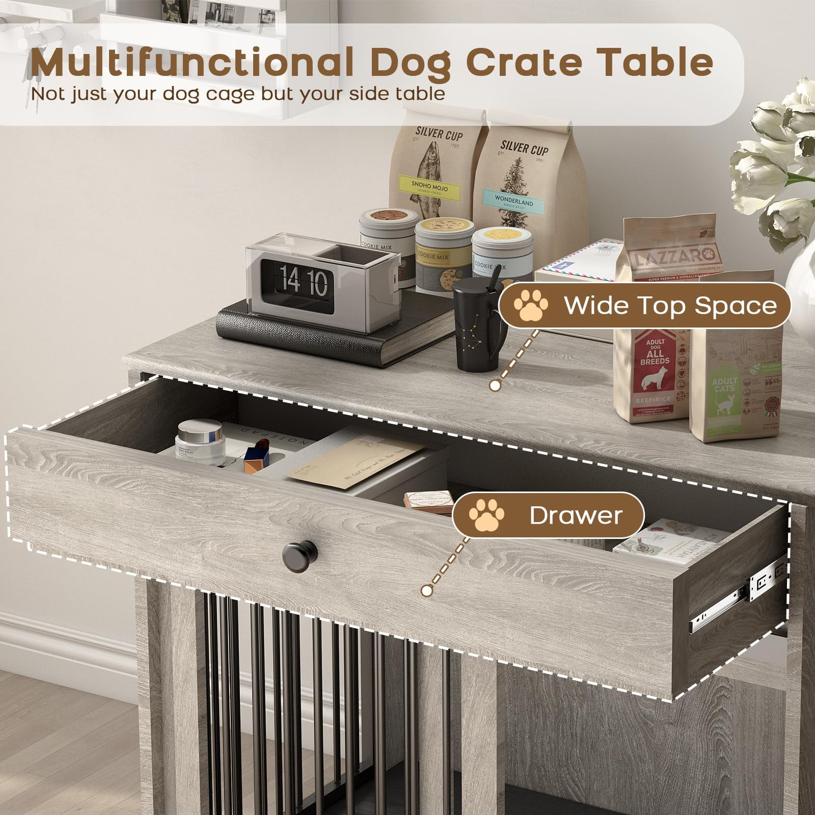 WHIFEA Modern Wooden Dog Crate Furniture with Sliding Barn Door & Side Access, Rotating Feeder Kennel for Medium-Large Dogs, Farmhouse Style, Grey