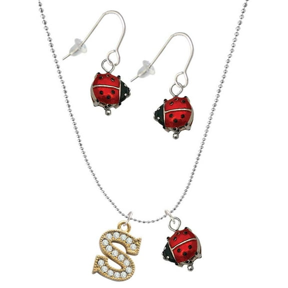 Delight Jewelry Goldtone Crystal Initial - S - Red Lucky Ladybug Necklace and Dangle Earrings Set
