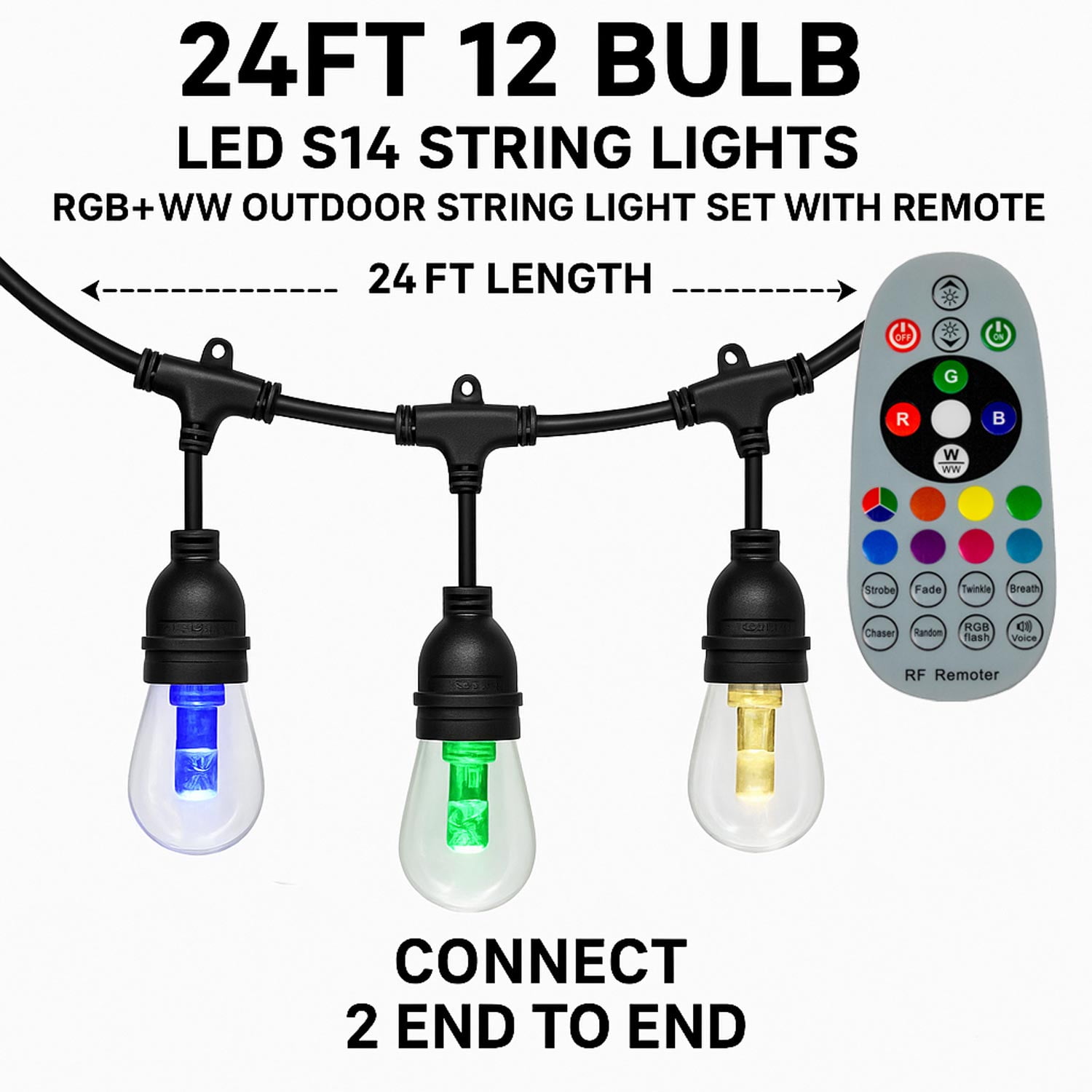 Novelty Lights 24 Feet S14 LED RGB+WW Color Changing Outdoor String Light Set (White Wire)