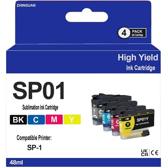 SP01 SP-1 SP1 Sublimation Ink Cartridge for SP01BK SP01C SP01M SP01Y Works for SP-1 Sublimation Inkjet Printer (4-Pack)