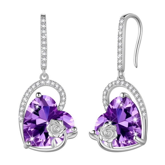 Juwaliy 925 Sterling Silver Earrings Women Heart February Birthstone Hook Dangle Earring Amethyst Purple Rose Jewelry Mother Valentine's Day Gift
