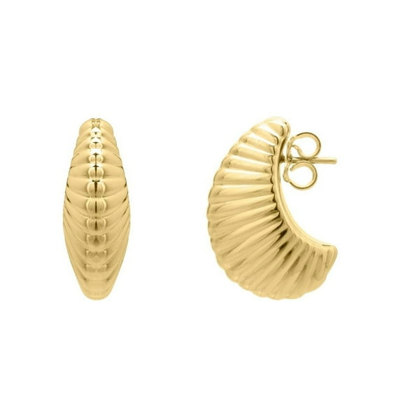 JewelStop 14k Yellow Gold Polished Finish Graduated Puffy Ribbed Shell Hoop Earrings with Push Back Clasp