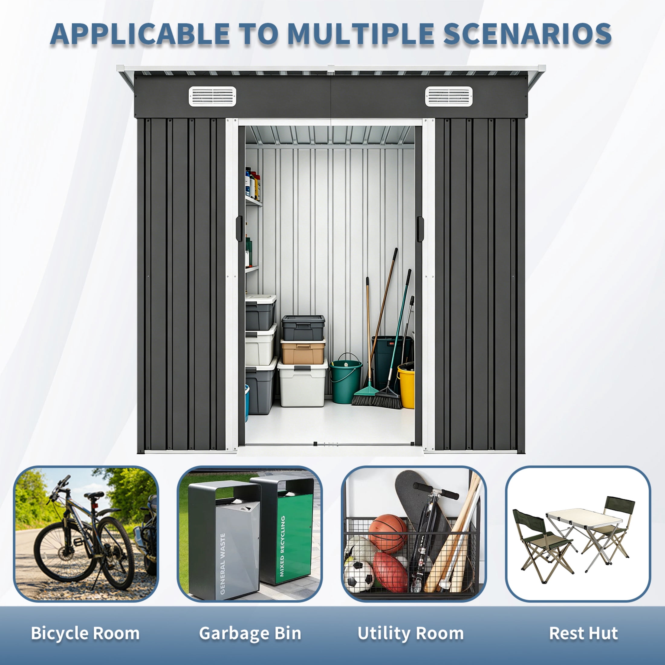 Noble House 6x4 FT Galvanized Steel Storage Shed with Air Vents, Sliding Double Door Outdoor Garden Tool Shelter, Black