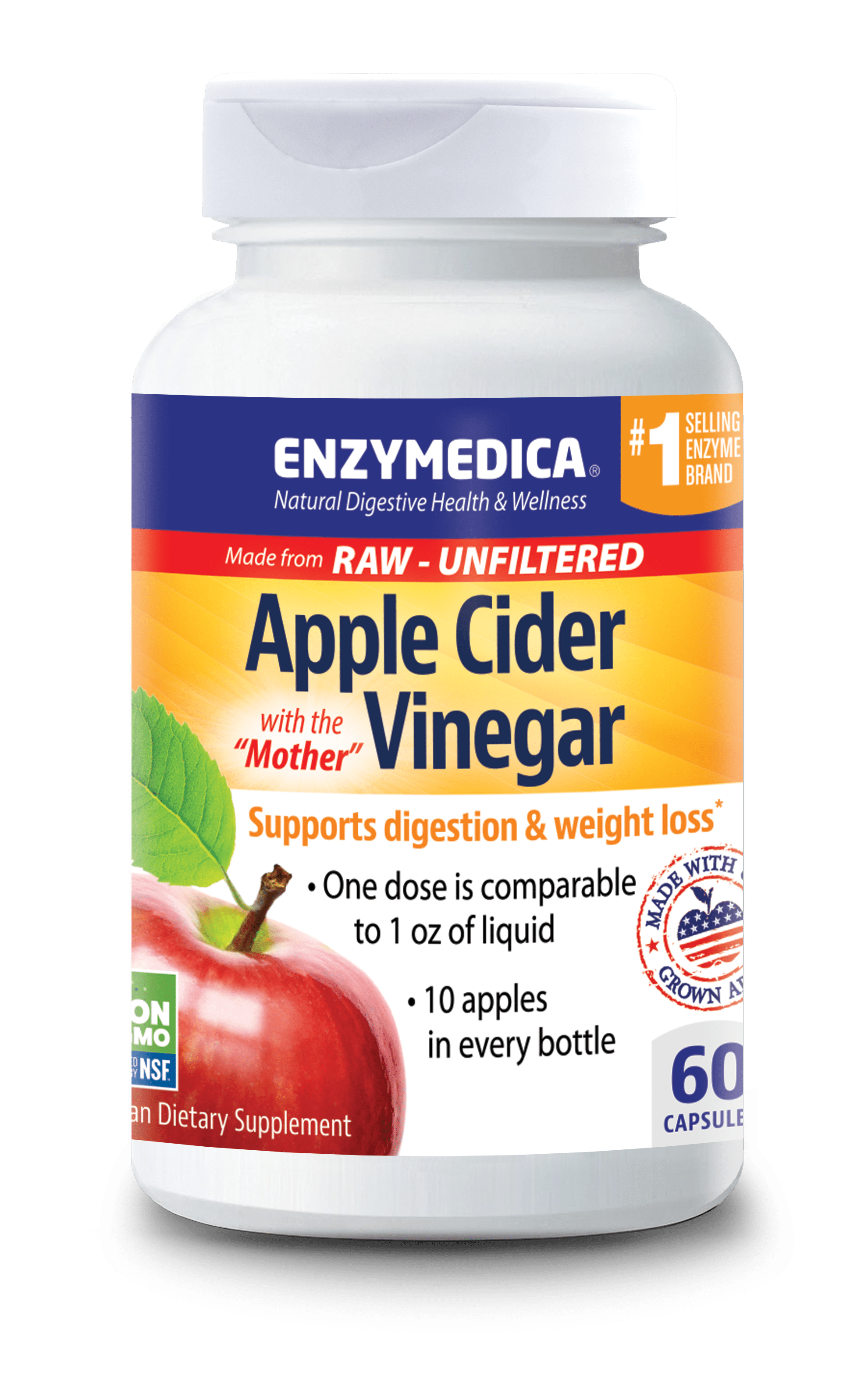 Enzymedica, Apple Cider Vinegar, Natural Support for Digestion and Healthy Weight Balance with the Mother Preserved in Each Serving, Raw, Unfiltered, Non-GMO, Vegan, 60 Capsules (30 Servings)