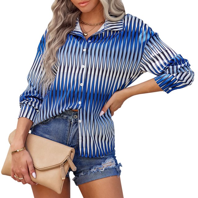 Blusas informales con cuello en V y manga larga a rayas con botones y cuello en V para mujer