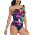 thumbnail image 3 of Uemuo Neon Pop Art Pitbull Print Women's One Piece Swimsuit Asymmetrical Neck Bathing Suit One Shoulder Side Cutout Ruffle Swimwear-XX-Large, 3 of 6