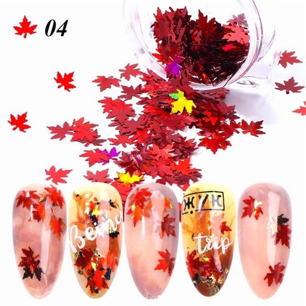 Uñas postizas con diseño de hoja de arce brillante, decoración de uñas con lentejuelas de copo de nieve brillantes, pegatina de lentejuelas