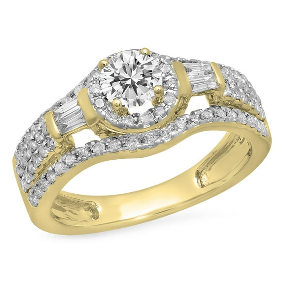Dazzlingrock Collection 0.90 Carat (ctw) 14K Round & Baguette White Diamond Halo Bridal Engagement Ring, Yellow Gold, Size 8.5