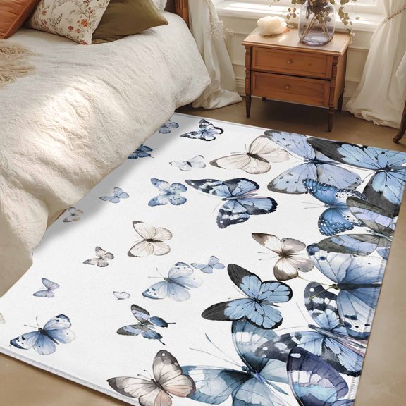 Area Rug for Living Room, Blue Butterflies Non-Slip Indoor Large Carpet for Bedroom/Dining Room, Elegant Pastoral Butterfly Washable Low-Profile Rectangle Floor Mat Runner Rugs - 2.7 x 5 Ft