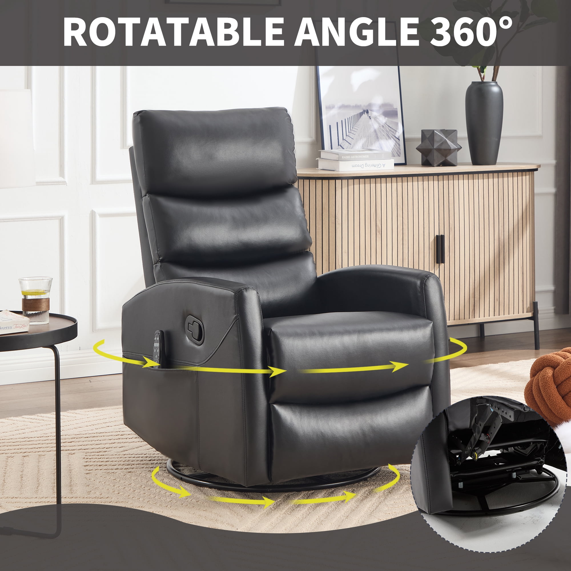 Aukfa 360° Swivel Recliner Rocking Chair with Massage and Heat for Living Room & Nursery, Leather, Black