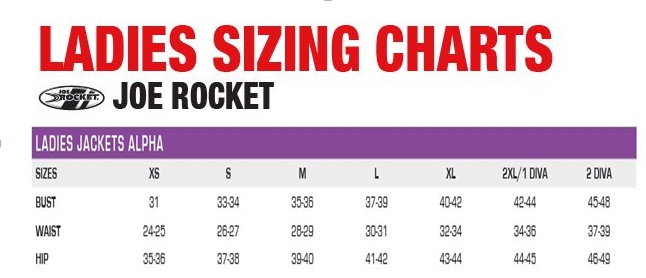 Joe Rocket Womens Jacket Size Chart
