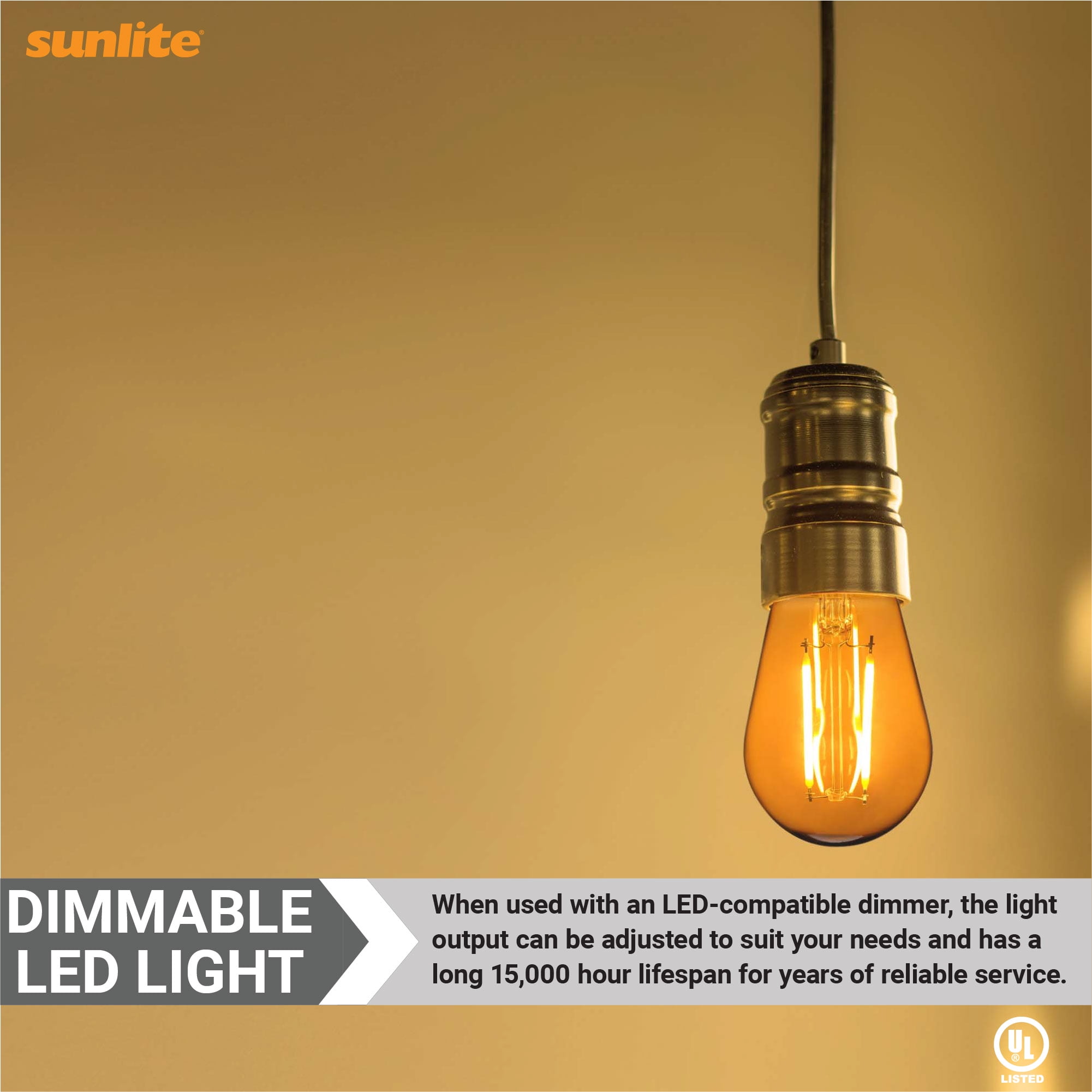 Sunlite LED S14 String Light Bulb, 2 Watts (25W Equivalent), Medium E26 Base, Party Decoration, Holiday Lighting, Transparent, Dimmable, UL Listed, Amber, 6 Count