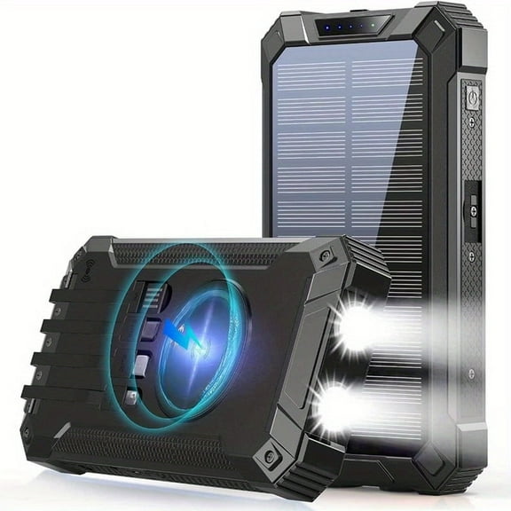Power Bank Wireless Charger 20000mAh Built in 4 Cables Six Outputs 15W Fast Charging Power Bank for All Mobile Devices Three Inputs Solar Portable Charger with Dual Flashlights, Carabiner