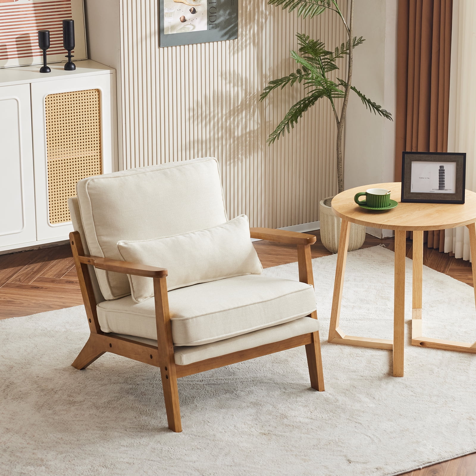 Ktaxon Accent Chair Line Fabric Upholstered Armchair, Reading Club Chair with Pillow for Living Room Bedroom Furniture Beige