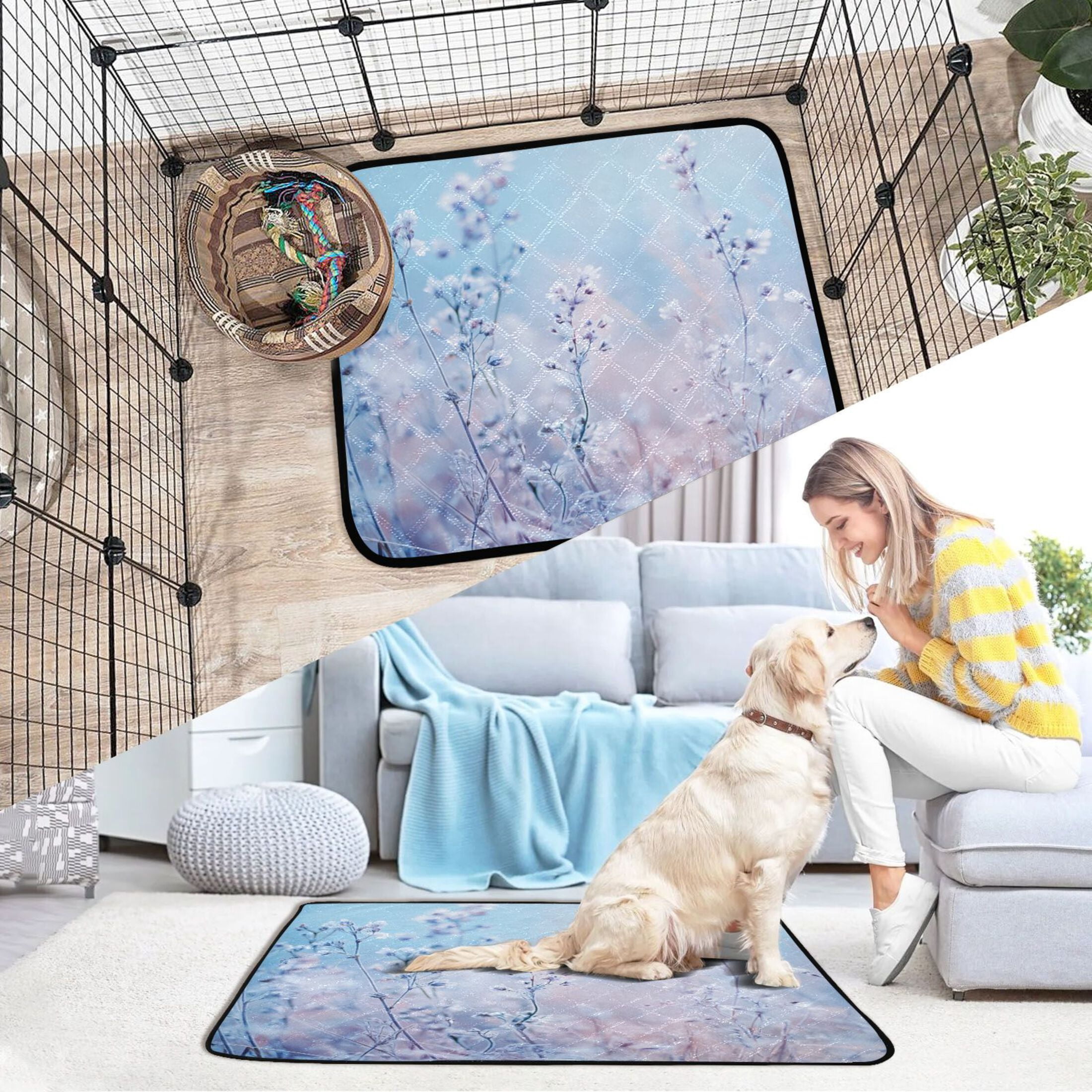 Washable Pet Pee Pads with Super Absorbent Reusable Training Pads for Dogs & Cats Pastel Blue Wildflowers