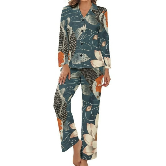 PoBuds Women's Long Sleeve Flannel Pajama Set Sleepwear Koi Fish Vintage Lotus L