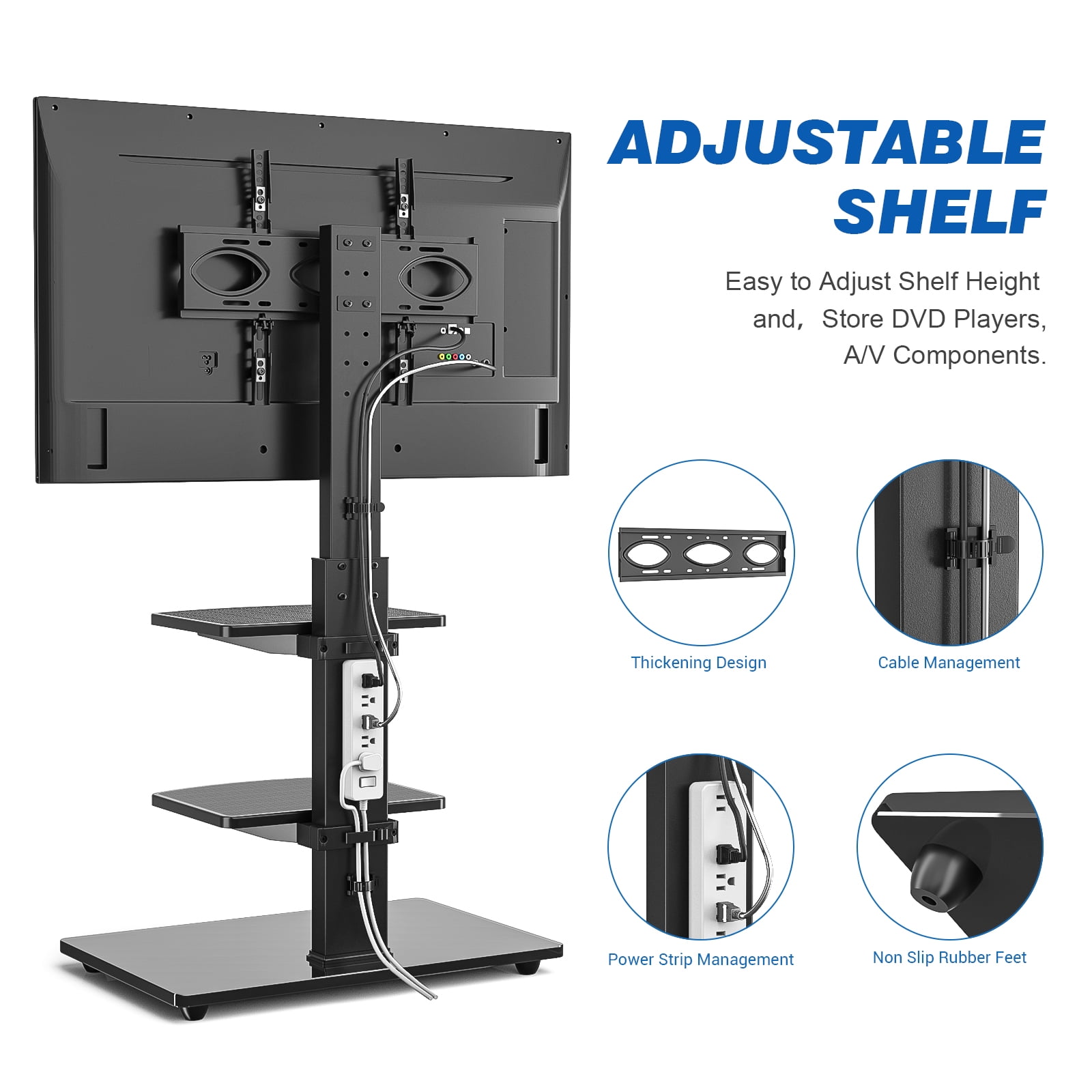 RTVR Modern Floor TV Stand with Mount for 32-70 inch Flat Screens, Black Swivel TV Stand with 2 Adjustable Shelves
