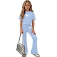 thumbnail image 3 of fatyb Girls Clothes 2 Piece Outfits Short Sleeve Tees Tops Flared Long Pants Kids Summer Casual Sets, 3 of 7