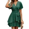thumbnail image 2 of Women's Party Dress V-Neck Solid Color Waist Defining Irregular Hem Elegant Midi Dress for Spring Fall Banquet Date Night,Army Green,L, 2 of 6